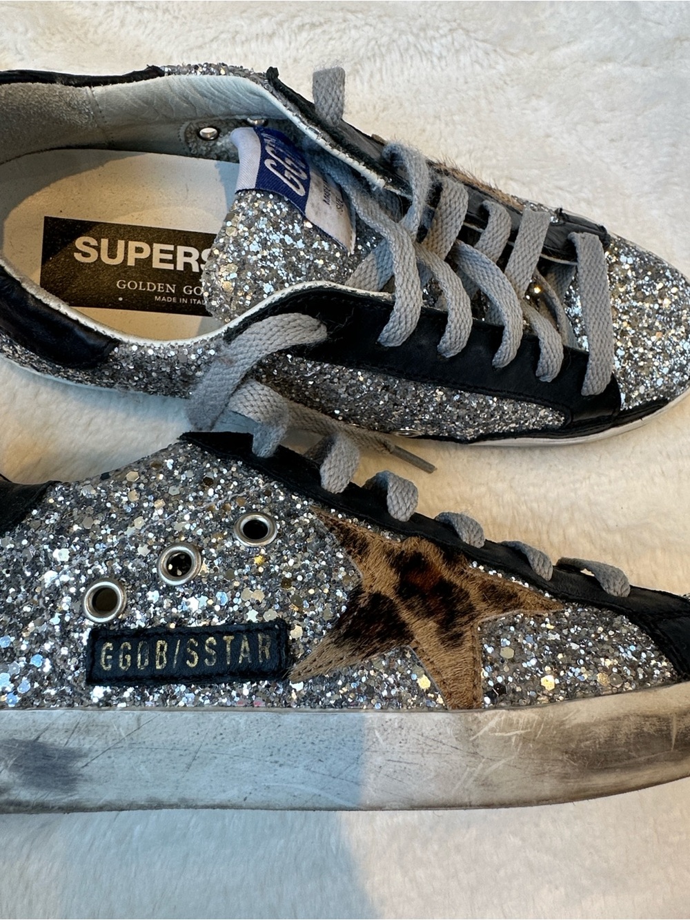 Golden Goose Silver Glitter Sneakers with Leopard Star Accent 36 Authentic